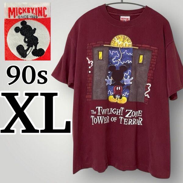 90s USA製 ディズニー ミッキー タワーオブテラー Tシャツ XL ヴィンテージ Mickey.inc 赤 ビッグプリント