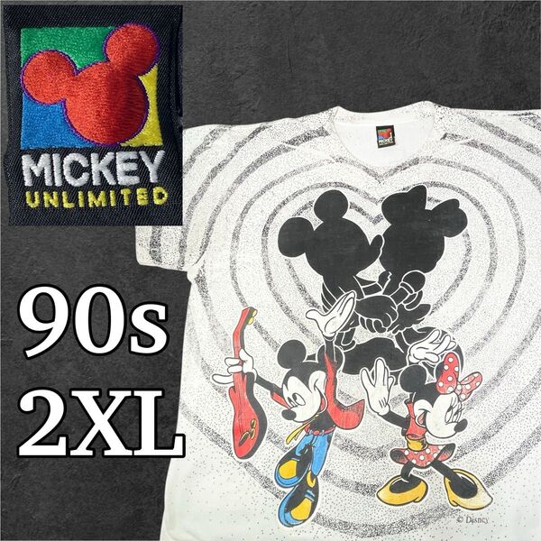 希少90s Disney ミッキー&ミニー 総柄両面プリント Tシャツ 2XL ヴィンテージ Tシャツ 短丈