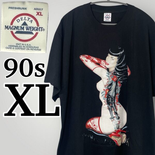 激レア 90s OLIVIA ピンナップTシャツ XL USA製 オリビア 1991年 黒豹刺青 美品 ベティペイジTシャツ XL