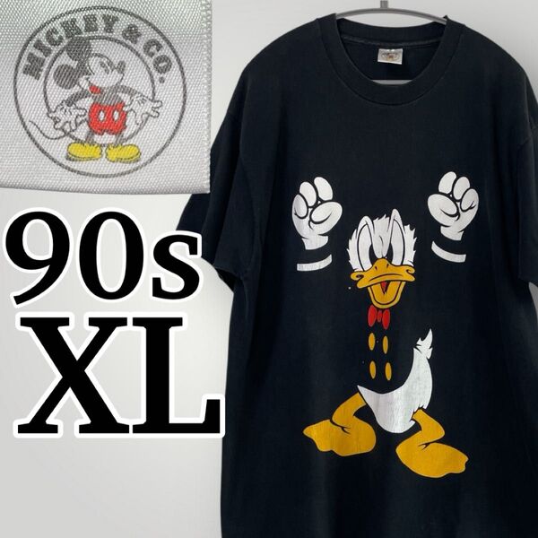 USA製 激レア ドナルドダック Tシャツ MICKEY&COタグ ヴィンテージ 黒 XL シングルステッチDisney