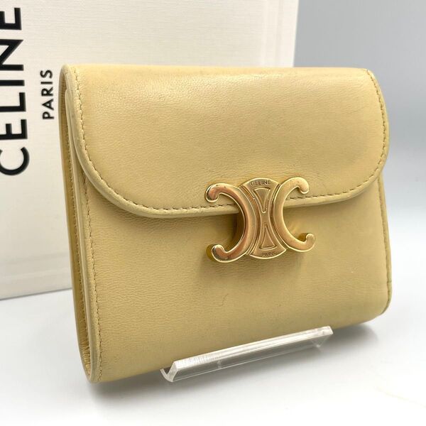 鑑定済★CELINE セリーヌ トリオンフ フラップ ウォレット コンパクト 三つ折り財布 レディース イエローベージュ系