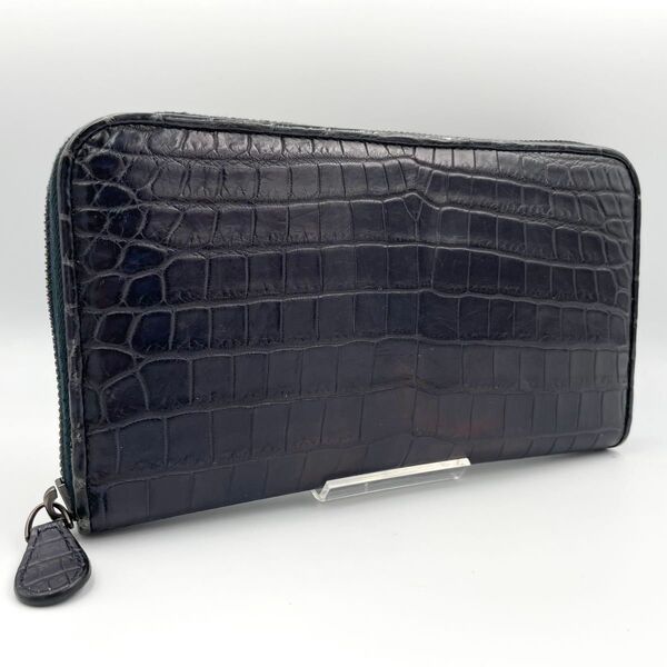 鑑定済・最高級★BOTTEGA VENETA ボッテガヴェネタ ラウンドジップ ラウンドファスナー 長財布 クロコ ネイビー系