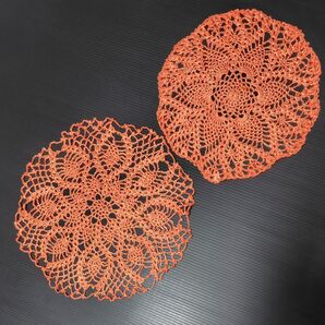 レース編み ドイリー 2枚セット オレンジ ハンドメイド