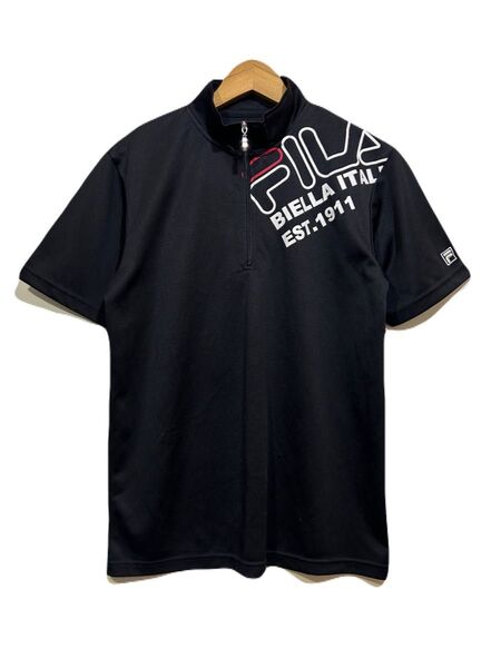 ★ FILA ハーフジップ 半袖 ポリシャツ トレーニングシャツ 黒 M ストレッチ性 プルオーバー スポーツウェア ブラック