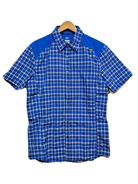 ★ MILLET メッシュ切替 ストレッチ 半袖 シャツ M 青 ブルー チェック ナイロン混紡 伸縮性 アウトドア トレッキング