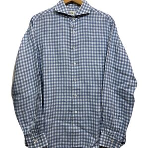 ★ Maker's Shirts 鎌倉シャツ 長袖 リネンシャツ L ギンガムチェック ホリゾンタルカラー ライトブルー 日本製