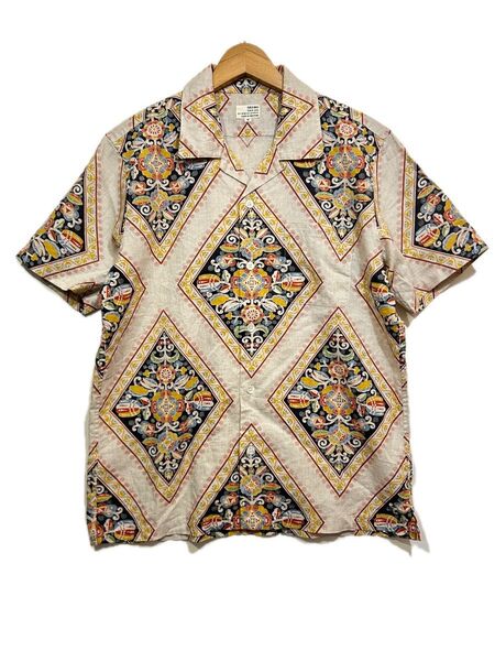 ★ BEAMS リネン混紡 半袖 総柄 開襟シャツ オープンカラー M 柄シャツ ボックス 和柄風 綿麻 ベージュ 日本製
