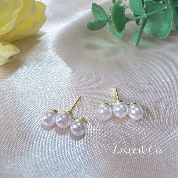 【20】パール 三連 ピアス ゴールド 1.8cm S925 結婚式 入学式 入園式 卒園式 卒業式 上品 かわいい 大人