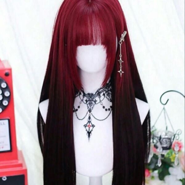シーインロングストレートウィッグブラックワインレッドコスプレ仮装ロリータ黒赤グラデ人気フルウィッグかつらカツラバーガンディツートン