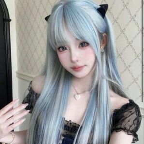 シーインロングストレートウィッグライトブルーシルバー水色銀髪コスプレ仮装ロリータフルウィッグかつら耐熱カツラ小顔自然ロングウィッグ