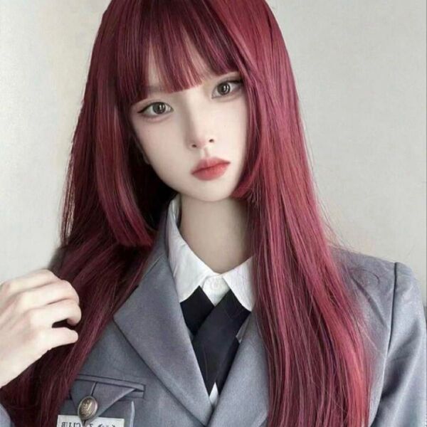 シーインロングストレートウィッグボルドーワインレッド赤髪バーガンディフルウィッグかつら自然小顔耐熱コスプレロリータ仮装カツラwig