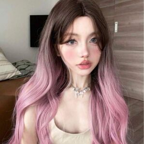シーインロングカールウィッグフルウィッグダークブラウン茶色ピンクグラデーションコスプレかつらカツラ自然仮装ロリータ