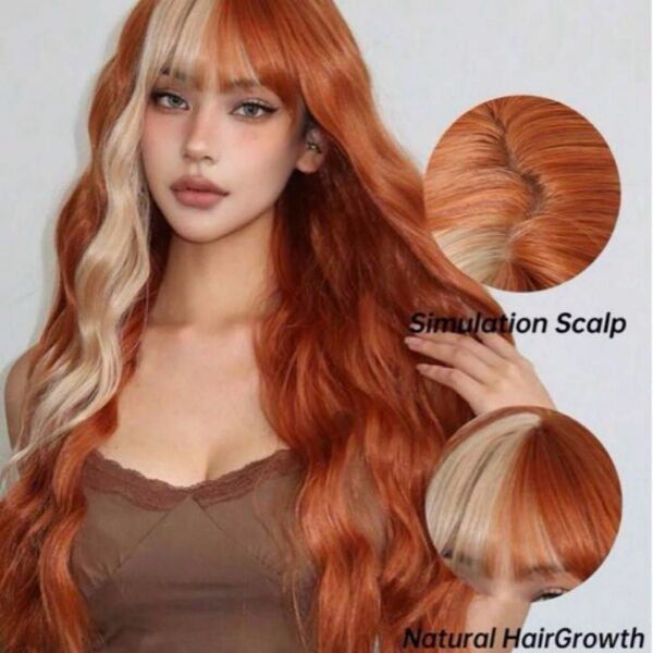 シーインロングカールウィッグかつらコスプレフルウィッグ自然普段使いロングヘアオレンジブラウンブロンドツートン金髪仮装ロリータ