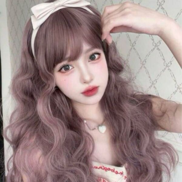 シーインロングカールウィッグフルウィッグピンクパープルピンクベージュ紫コスプレ仮装ロリータ自然耐熱パーティ衣装ライラック