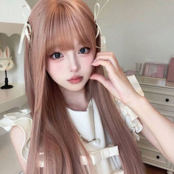シーインロングストレートウィッグフルウィッグコーラルサーモンピンクベージュミルクティベージュライトブラウンコスプレ仮装ロリータ耐熱