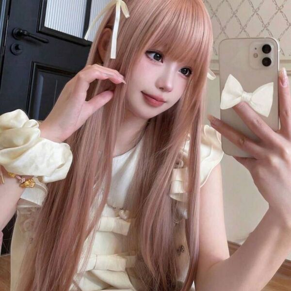 シーインロングストレートウィッグフルウィッグコスプレ仮装ロリータコーラルピンクサーモンピンクベージュブラウンミルクティーかつら茶色
