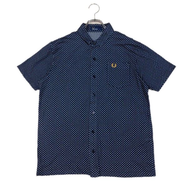 FRED PERRY フレッドペリー 半袖 シャツ 月桂樹 刺繍 ネイビー ドット柄 ヒットユニオン 日本製 美品