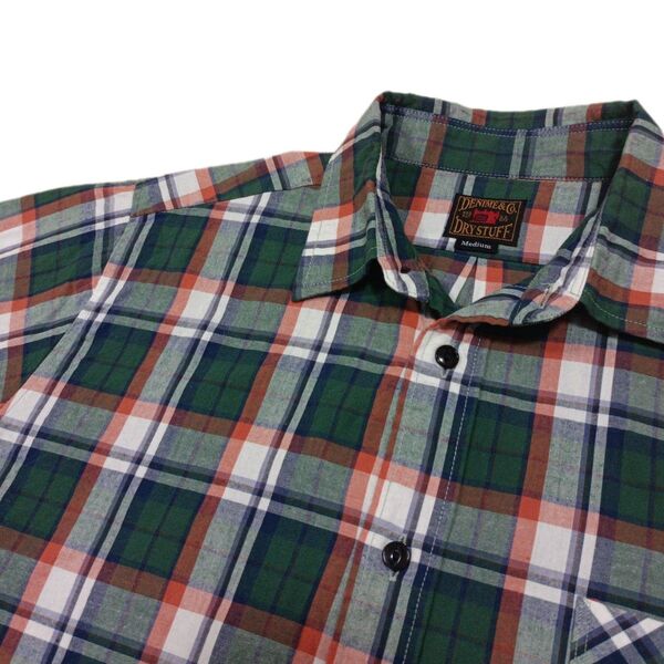 Denime ドゥニーム チェックシャツ 半袖 コットン 日本製 Mサイズ アメカジ 猫目ボタン グリーン オレンジ