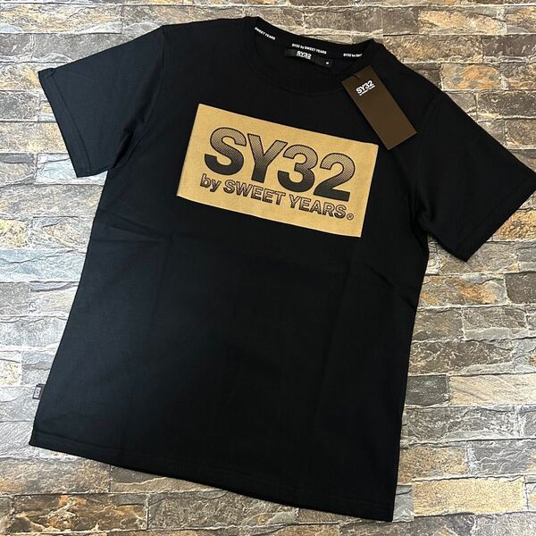 【新品】SY32 bysweetyears/クルーネック ゴールドBOXロゴ デザインTシャツ カットソー スポーツウェア M