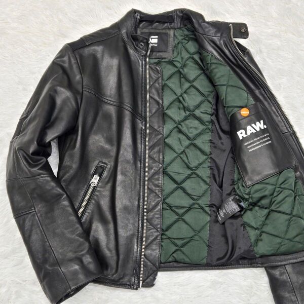 G-STAR RAW Gスターロゥ シングルライダース レザージャケット 羊革 ラムレザー 中綿 裏地 キルティング XS 黒