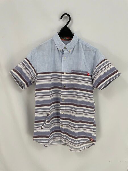 河谷シャツ◆半袖シャツ/S/ボタンダウン ストライプ コットン