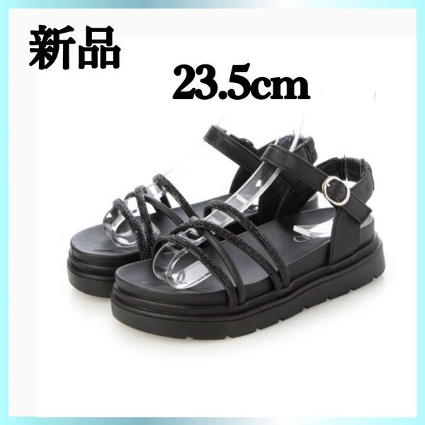 新品 未使用 サークル レディース サンダル 23.5cm 黒 厚底 ビジュー おしゃれ ブラック ラインストーン ストライプ