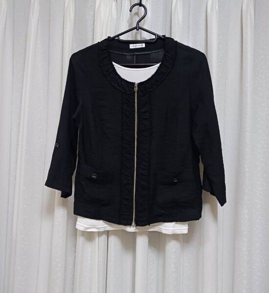 a.v.v standard 黒 シワ加工 七分袖 ノーカラー ジャケット