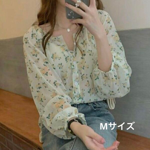 ゆったり花柄ブラウス 長袖Vネック 韓国風 Mサイズあり