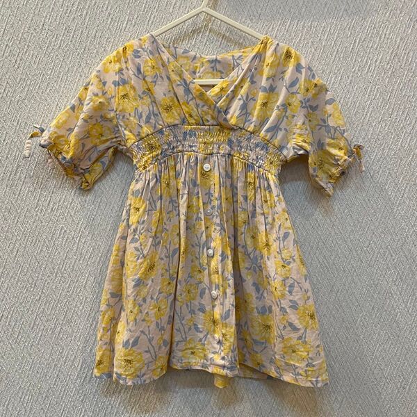 80 プティマイン Petitmain 花柄カシュクールワンピース イエロー 半袖
