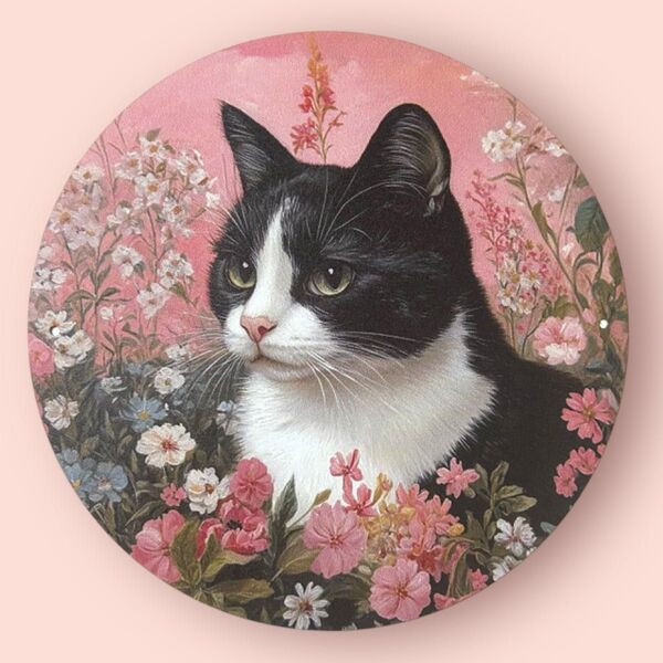 新品 サイン 看板 はちわれ猫 花 壁掛け 猫雑貨 猫グッズ 猫柄 ピンク 開運