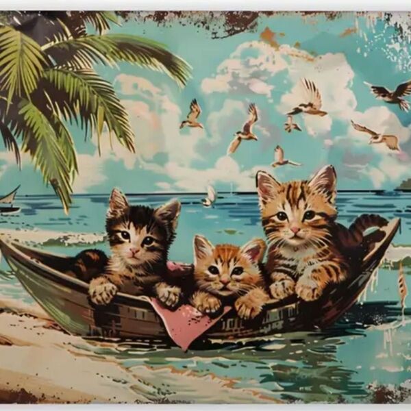 新品 レトロ風 メタルサインプレート 猫 ボート 海 インテリア雑貨 壁掛け