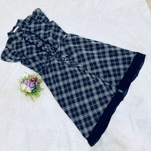 美品 イマージュ 【7】チェック柄 半袖ワンピース ひざ丈 フリル付き 総柄