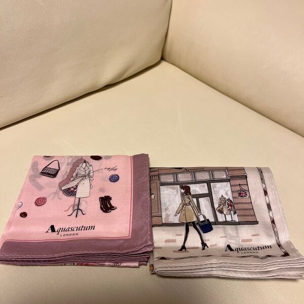 アクアスキュータム ハンカチ 2枚セット B品 難あり 未使用 女の子 洋服柄 ベージュ ピンク