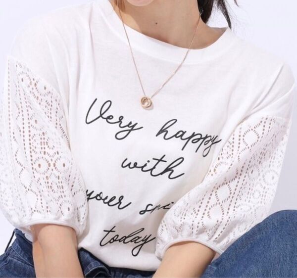 【新品・未使用】SHOO LA RUE/Cutie Blonde 5分袖レース ロゴプリントトップス