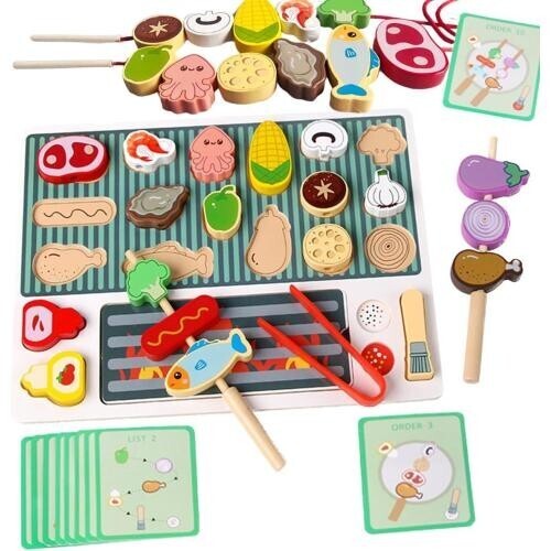 はめこみパズル モンテッソーリ玩具 知育玩具 バーベキュー型はめ 棒通し 紐通しおもちゃ クリップで