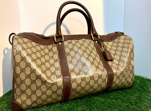 GUCCI オールドグッチ ボストンバッグ ビッグ GG レザー PVC ブラウン 金具