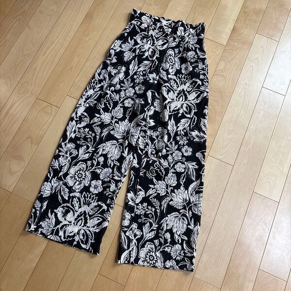 ZARA ザラ ボタニカル柄 ワイドパンツ S ベルト紐付き