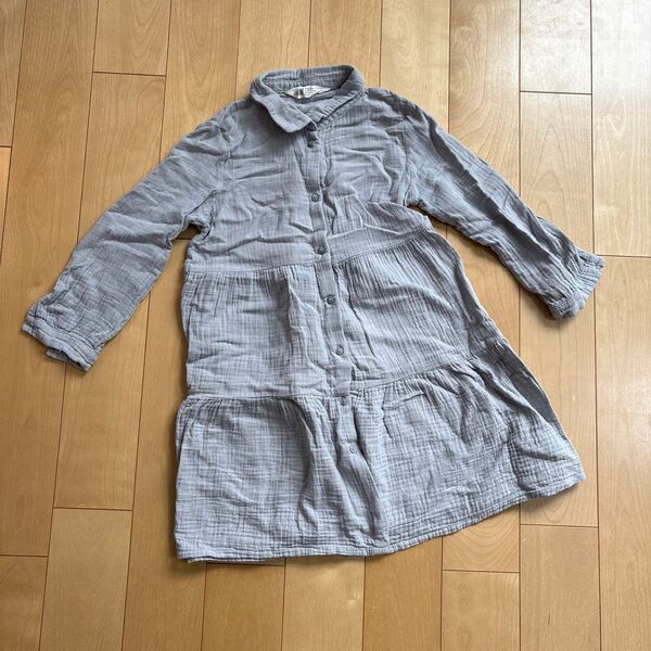 H&M 100%コットン ダブルガーゼ ブルー ワンピース 122cm