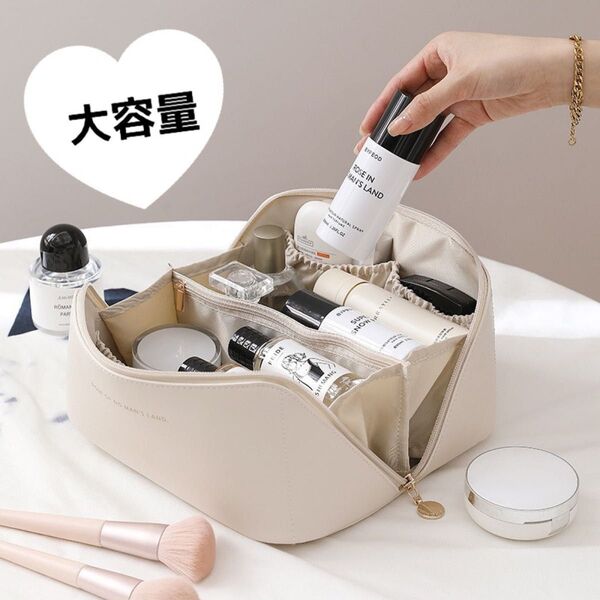 ポーチ バニティポーチ メイク コスメ 化粧品 旅行 トラベル 持ち運び 大容量 白 ホワイト フェイクレザー レザー風 レザー調