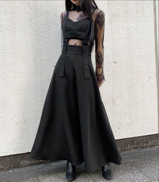 LVEU. オリジナルビスチェフレアワンピース シースルレースハイネックトップス