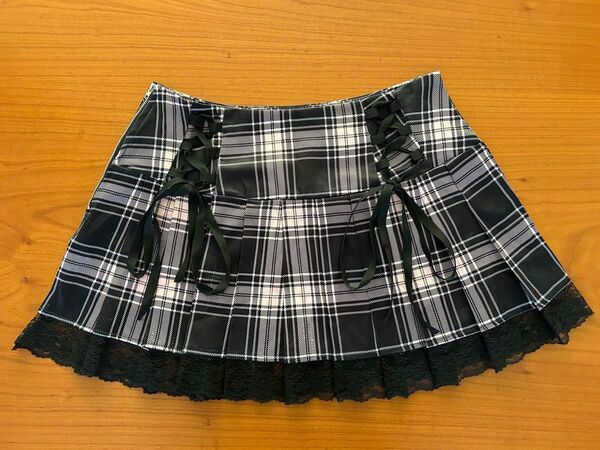 ミニスカート レースアップ プリーツ 裾レース ピンク チェック S