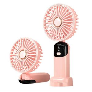 ☆★値下げ★☆充電式ハンディファン★ピンク★卓上スタンド、ネックストラップ付き 5段階調整 デジタル表示 小型 扇風機