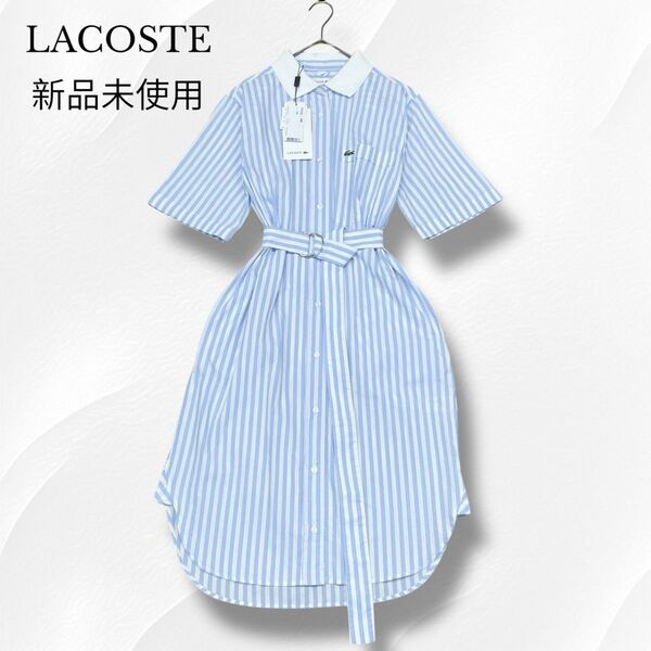 新品未使用 LACOSTE ラコステ シャツワンピース ストライプ 刺繍マーク ベルト ライトブルー 水色
