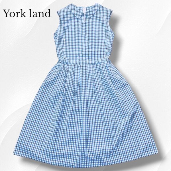 York land ヨークランド シャツワンピース チェック 綿 コットンワンピース Aライン ノースリーブ 青