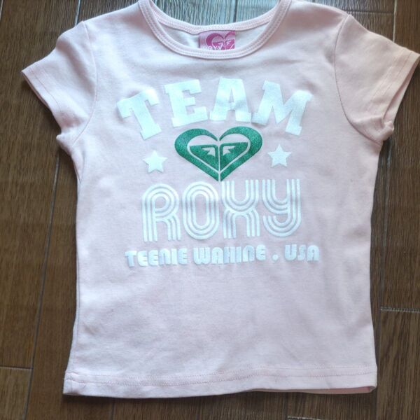 ROXY ロキシー フレンチスリーブTシャツ 100cm ピンク グリーンのラメロゴがカワイイ 1回着用 美品