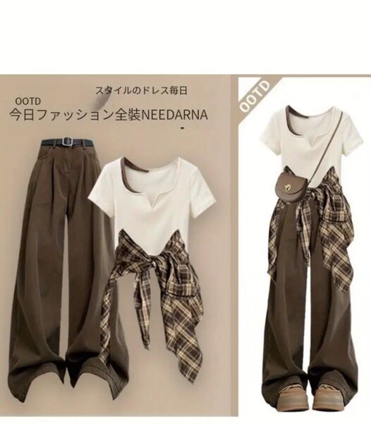 NEEDARNA トップス パンツ チェックシャツ 3点セット レディース
