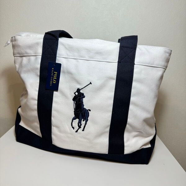 未使用品!タグ付き!POLO RALPH LAUREN ラルフローレン トートバッグ キャンバス ホワイト ネイビー ピンク A4