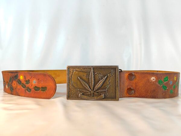 【Vintage70's】USA製 正規品 高級大麻プレートドレスベルト 彫本革