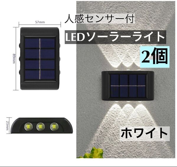 LEDソーラーライト 白色6灯 太陽光発電 ソーラーパネル 夜間自動点灯 上下発光 屋外 センサー 防塵 防水 2個セット
