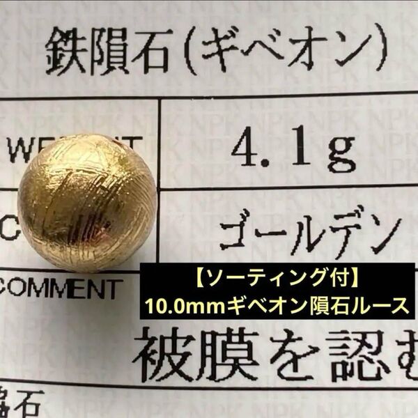 【ソーティング付】希少!10.0mmギベオン隕石ルース粒(ゴールド)